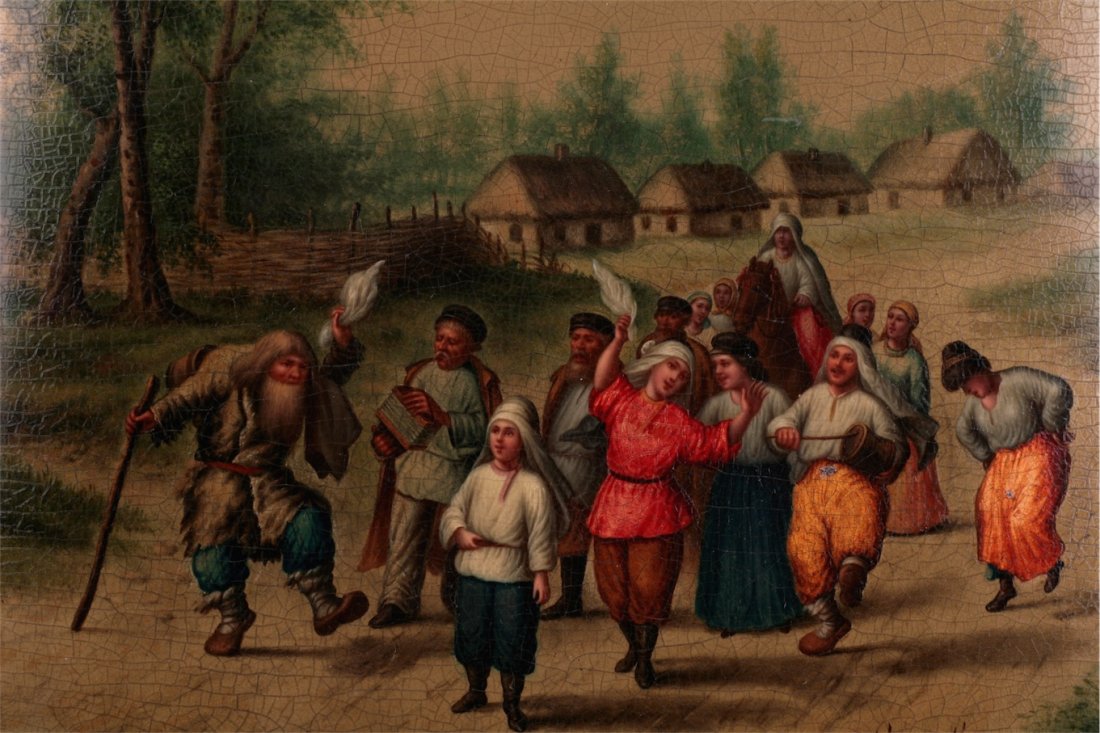 Russian lacquer plate "Dancing at the Khutor". — image 2