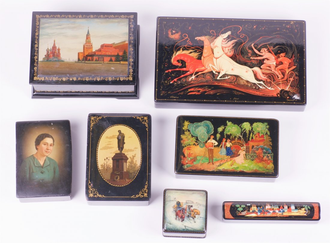 Set of 7 soviet lacquer boxes. Palekh, Fedoskino. — image 1