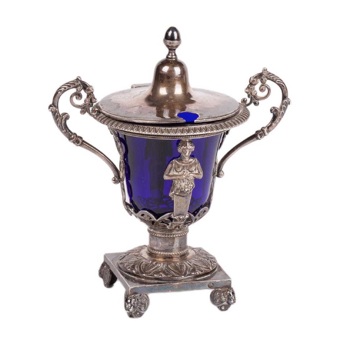 Antique French silver mustard pot. 950 silver, blue — image 1