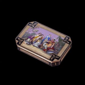 Swiss or Austrian gold snuff box with 2 enamel plaques — image 1