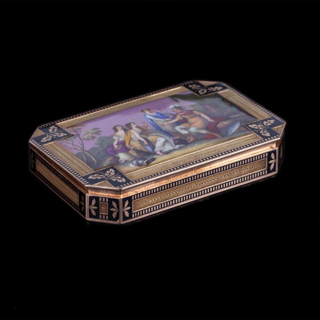 Swiss or Austrian gold snuff box with 2 enamel plaques — image 2