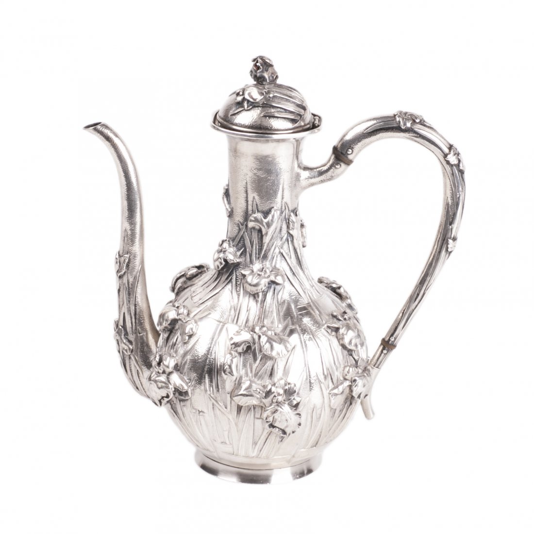Antique Japan silver coffee pot with flower motifs — image 1