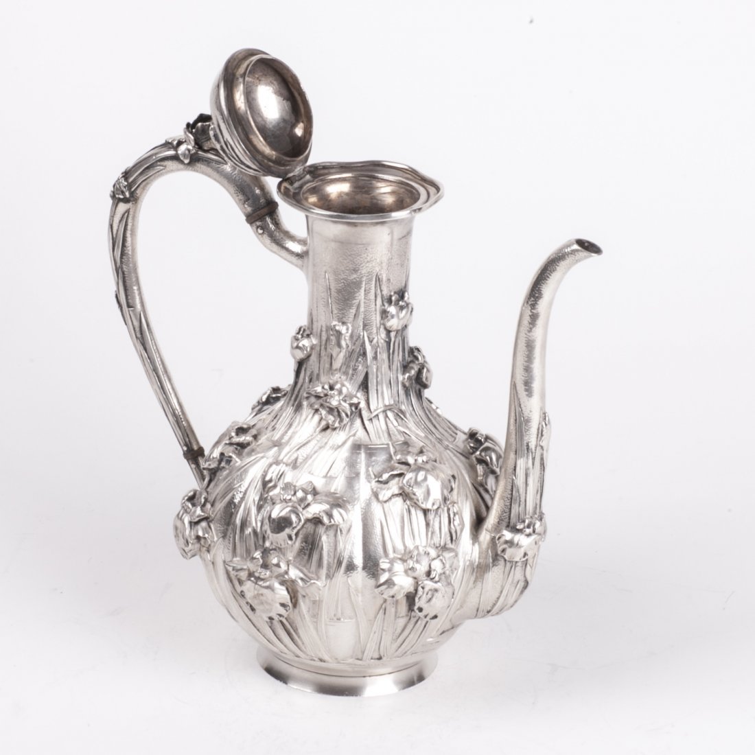 Antique Japan silver coffee pot with flower motifs — image 4