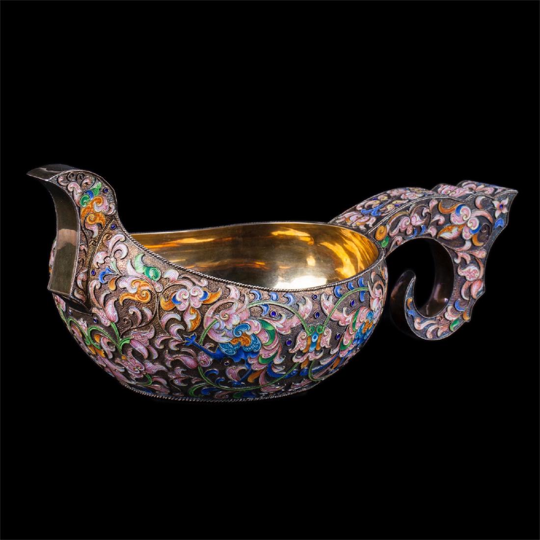 Grand Russian silver-gilt enamel kovsh. I. Khlebnikov — image 1