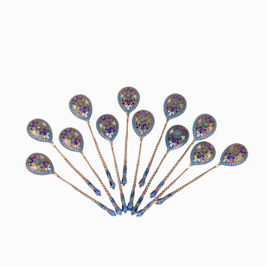12-piece Russian silver and cloisonne enamel tea spoons — image 1