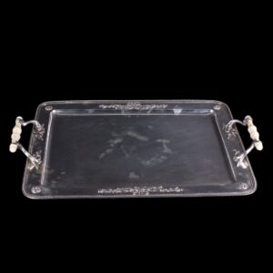 Antique silver tray with white material handles — image 2