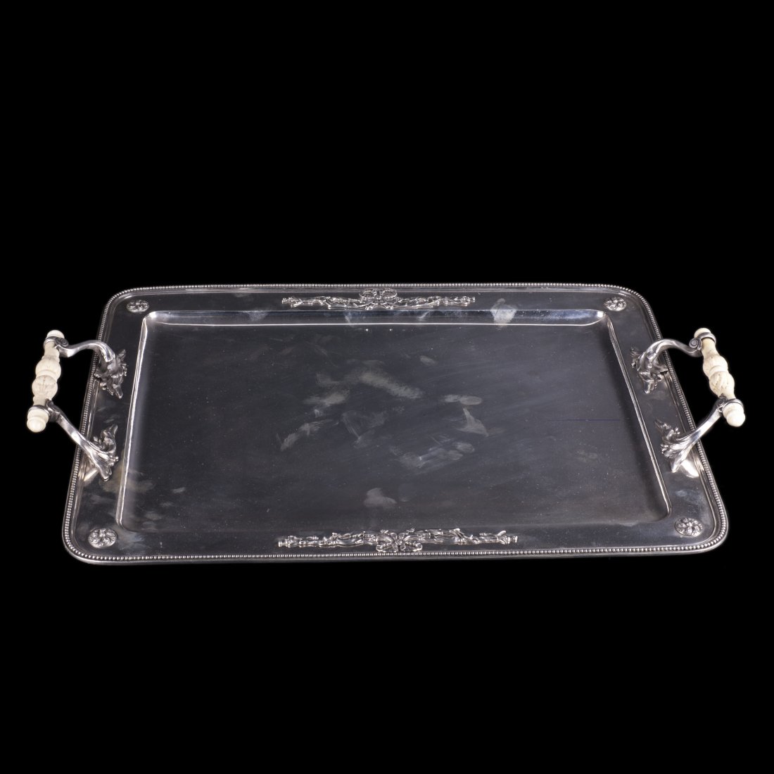 Antique silver tray with white material handles — image 2