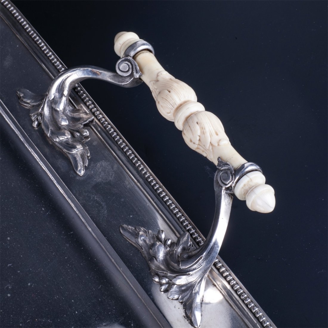 Antique silver tray with white material handles — image 3