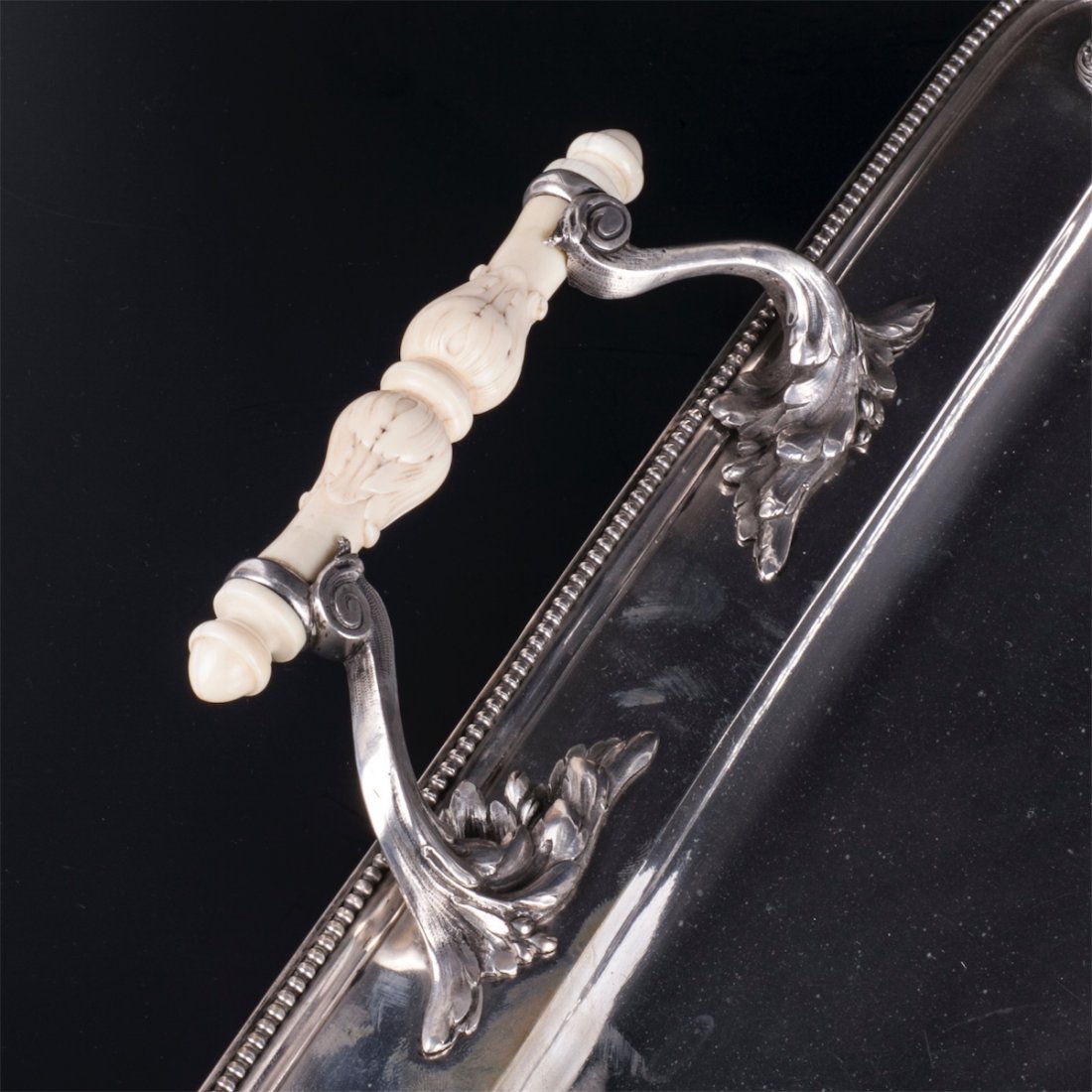 Antique silver tray with white material handles — image 4