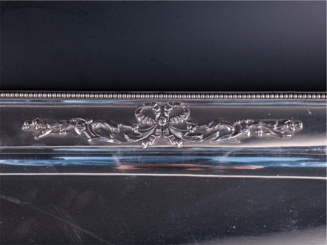 Antique silver tray with white material handles — image 5