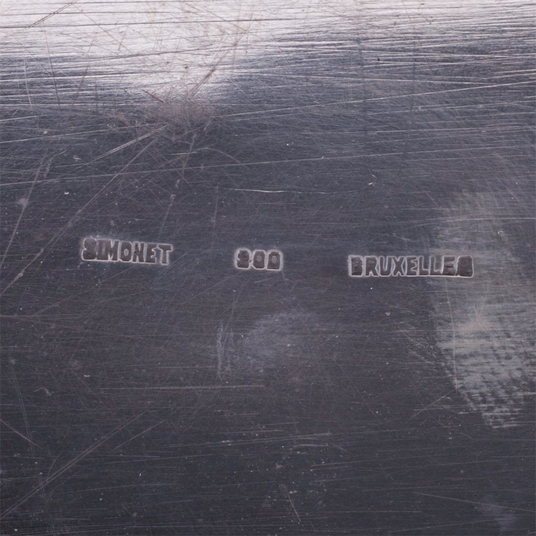 Antique silver tray with white material handles — image 6