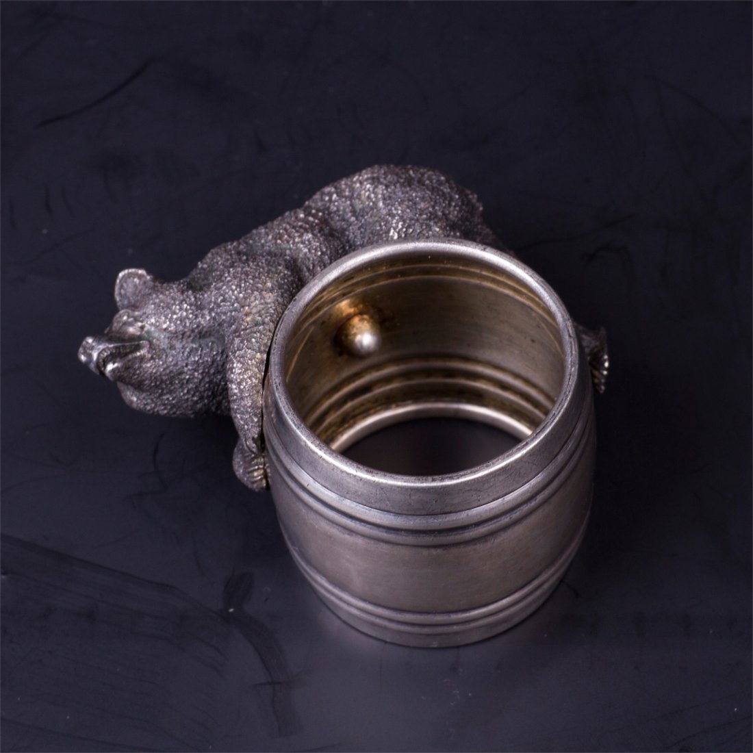 Russian silver napkin ring with cast bear figure — image 2