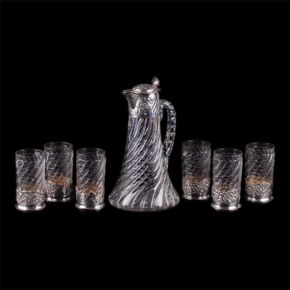 Silver mounted pitcher with 6 silver mounted glasses — image 1