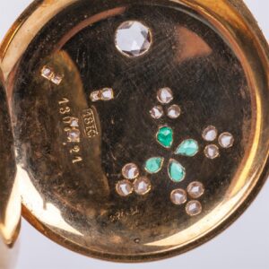 Gold pocket watch with diamonds and emerald stone — image 3