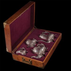 French silver 4-piece tea & coffee set in original oak — image 1