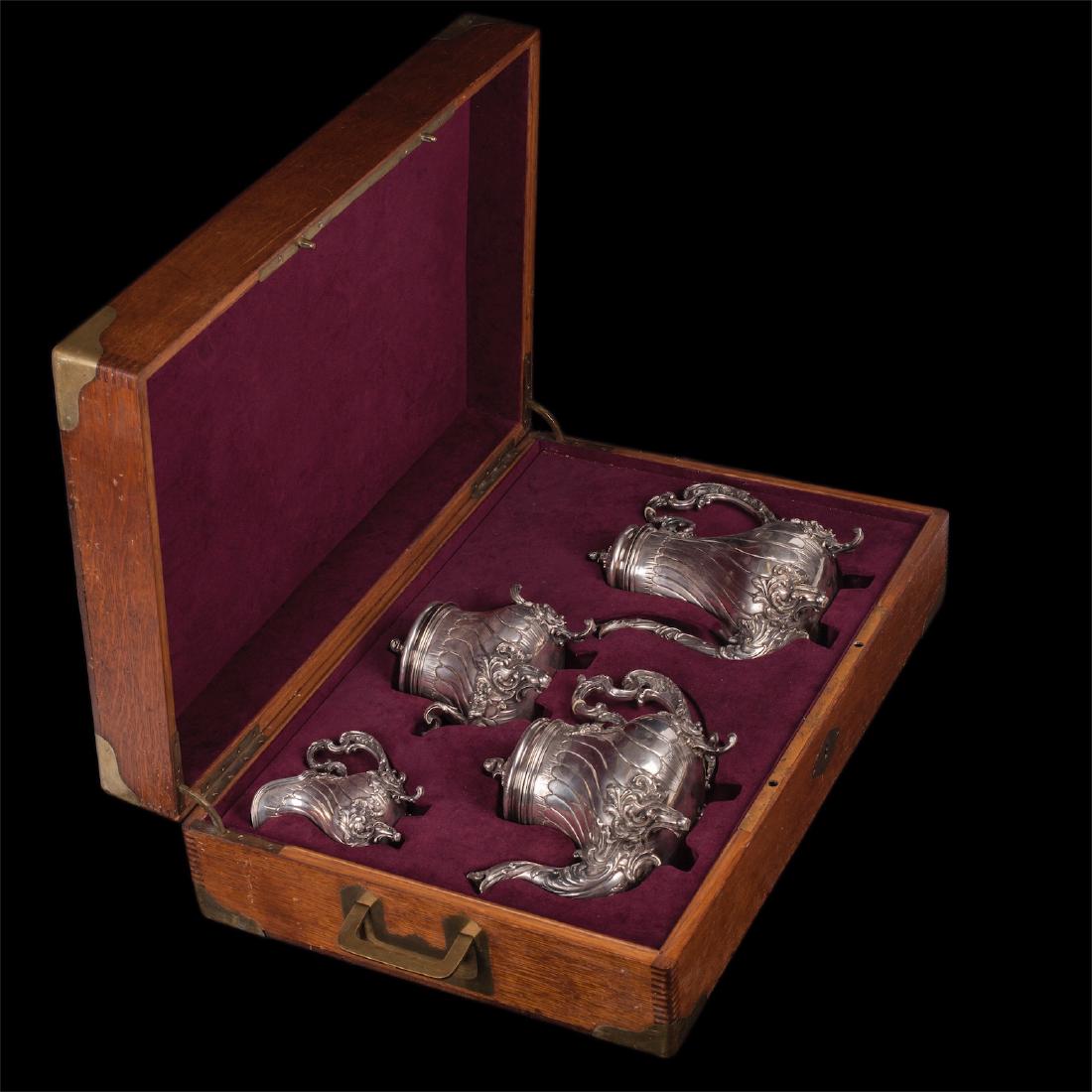 French silver 4-piece tea & coffee set in original oak — image 1