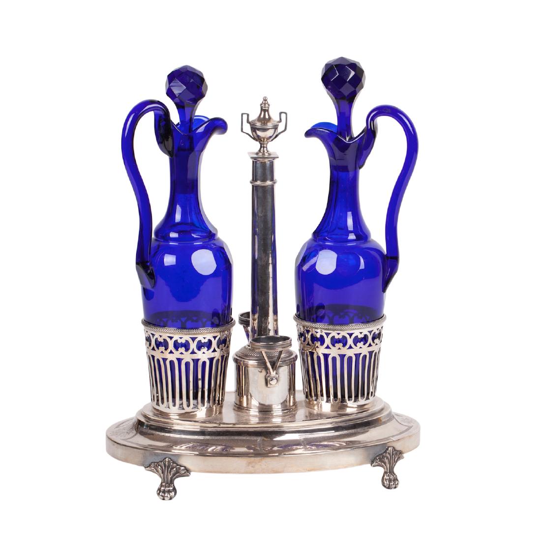 Antique French cruet stand with blue glass — image 1