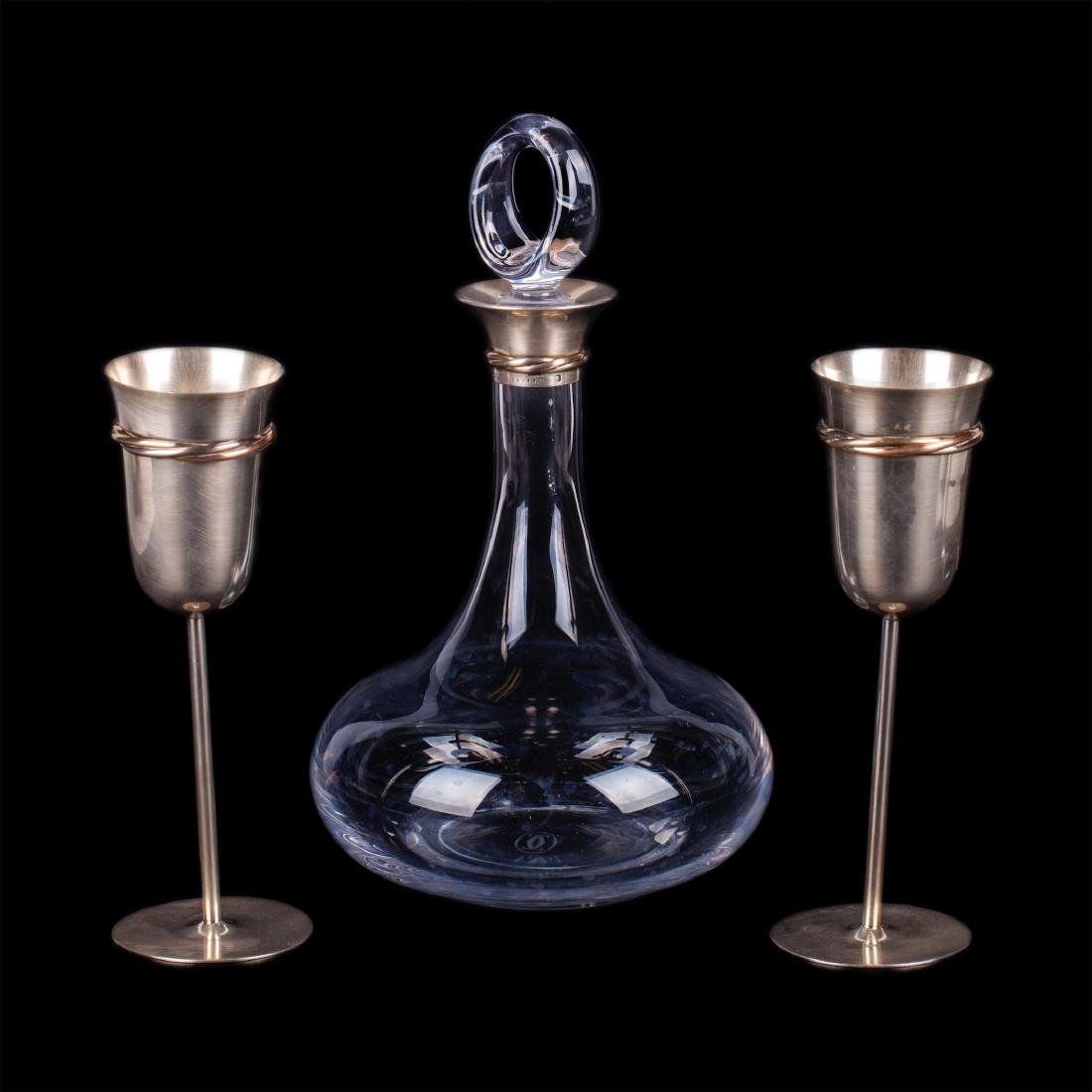 Cartier decanter with silver rope collar & 2 silver — image 1