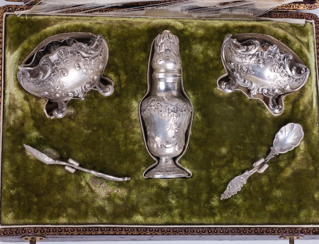 Silver French set of saltcellars in a box — image 2
