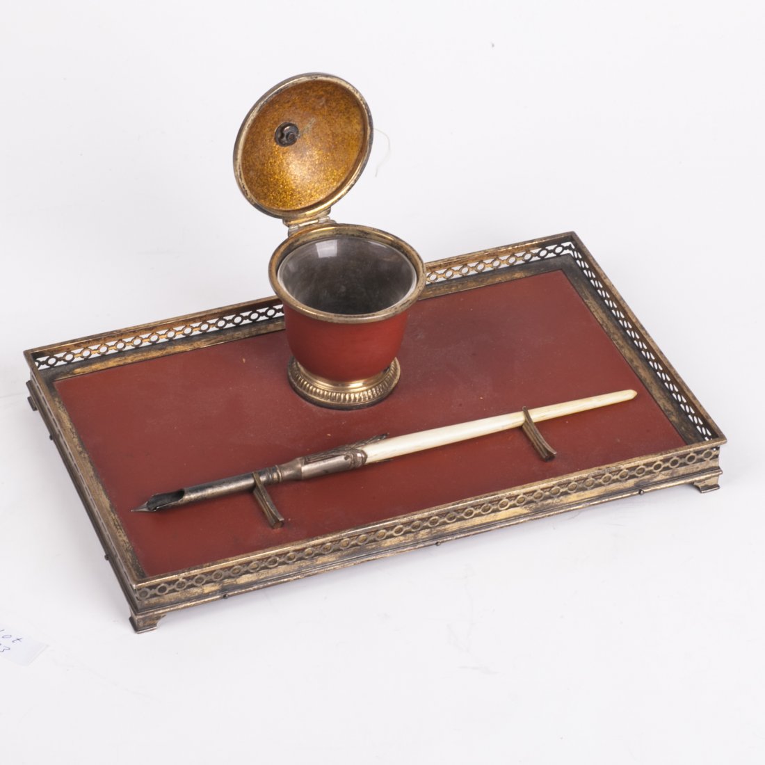 Antique French desk inkwell with red wood inserts — image 2