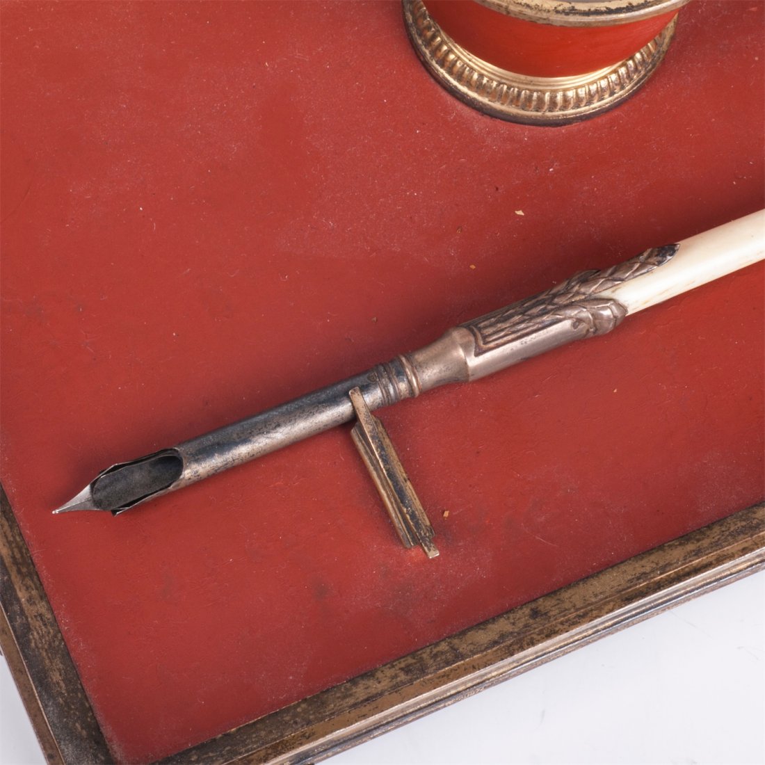 Antique French desk inkwell with red wood inserts — image 3
