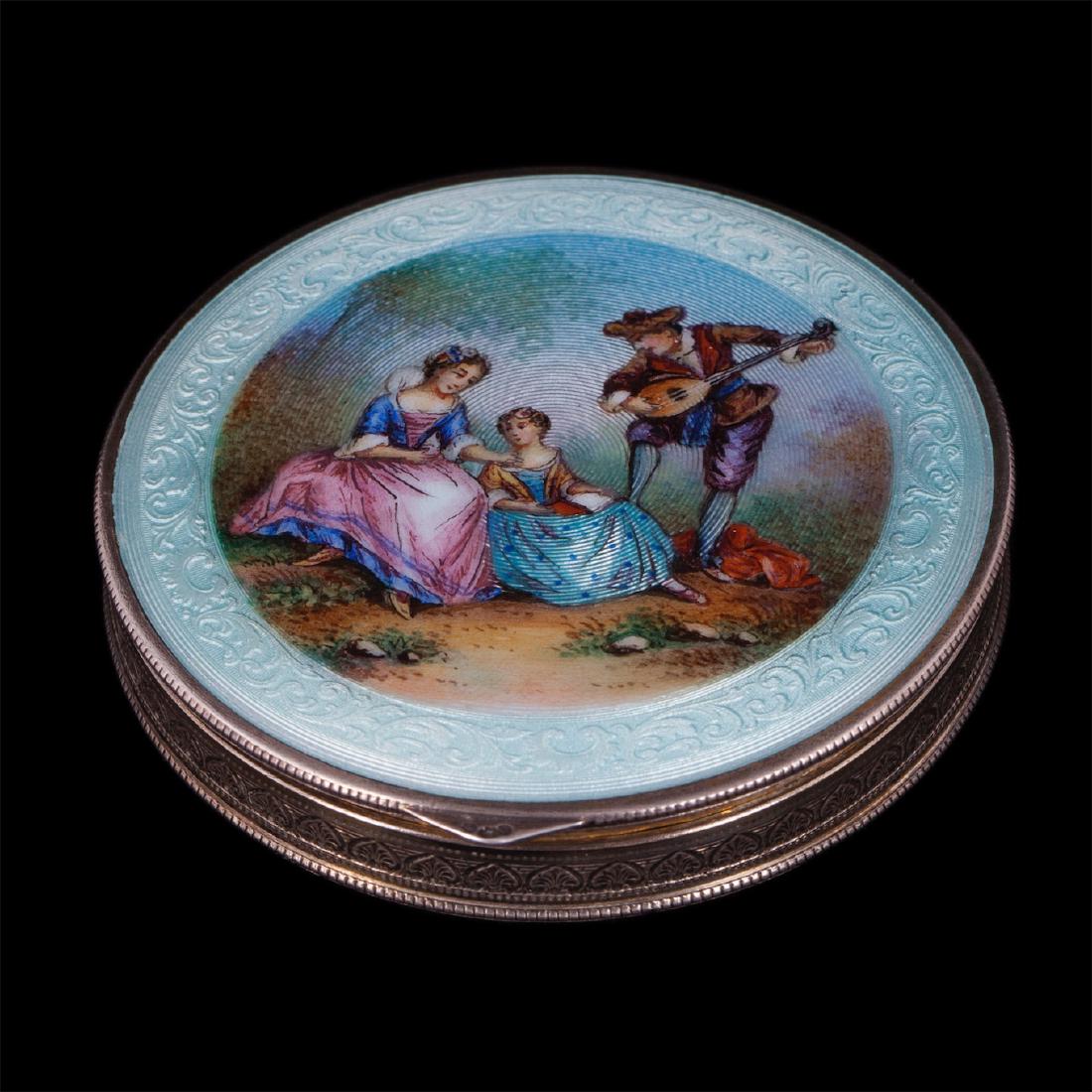 Antique silver and hand painted enamel powder box — image 1