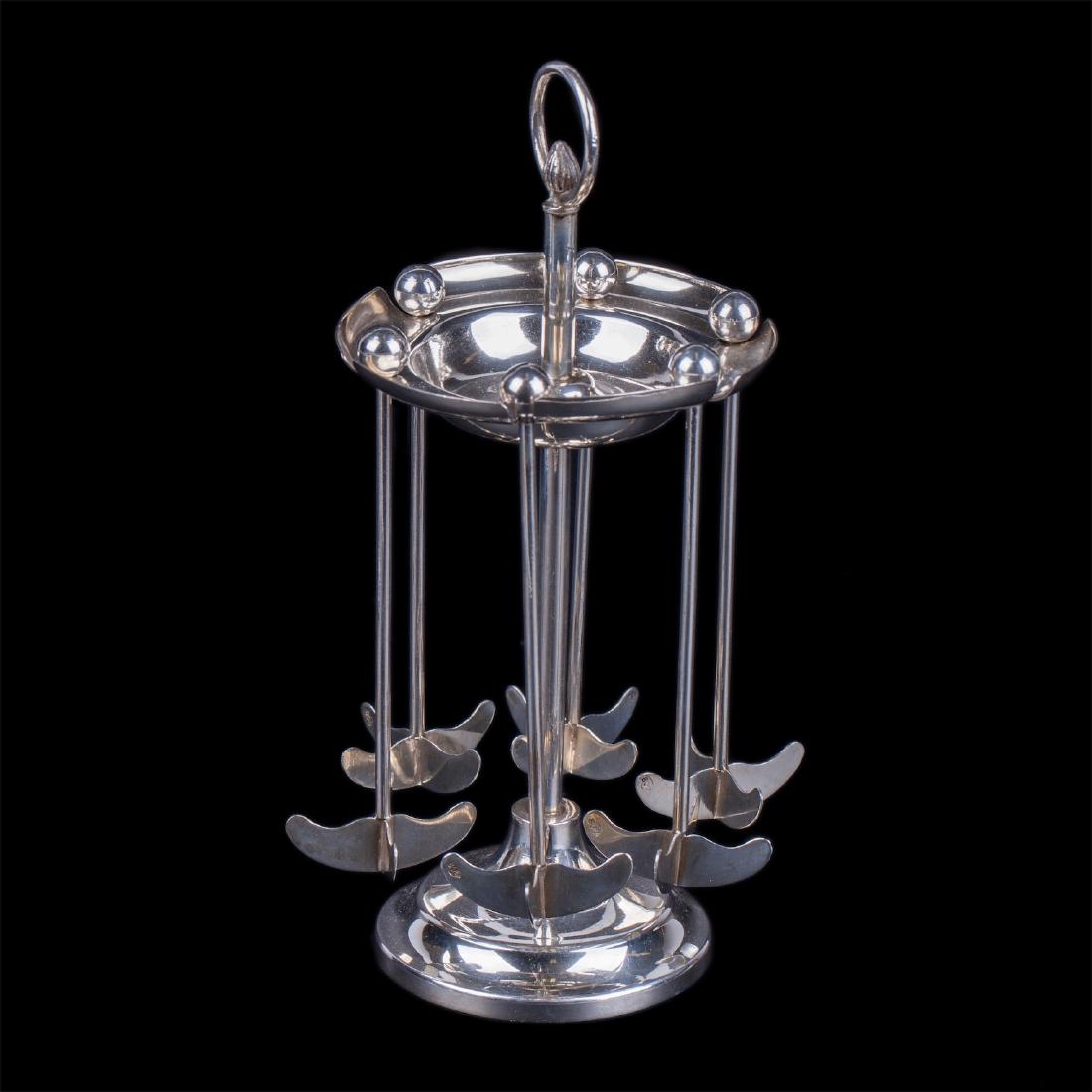 Set of 6-pieces of silver swizzle sticks on stand — image 1