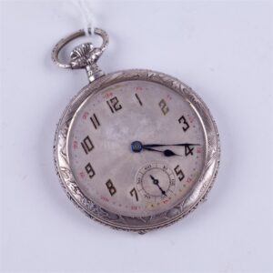 Open face pocket watch with hunting scene. — image 1