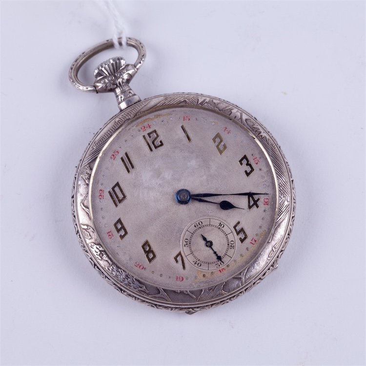 Open face pocket watch with hunting scene. — image 1