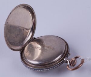 Open face silver pocket watch with enamel dial. — image 4