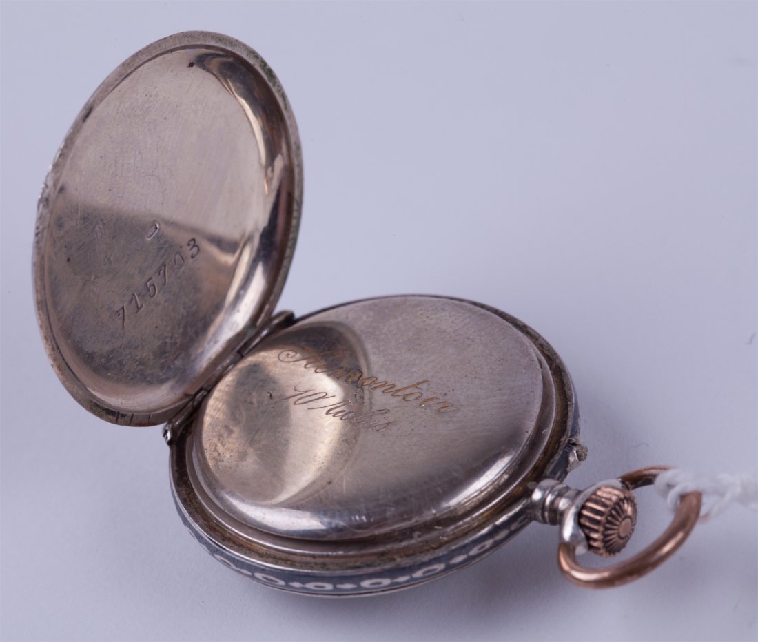 Open face silver pocket watch with enamel dial. — image 4