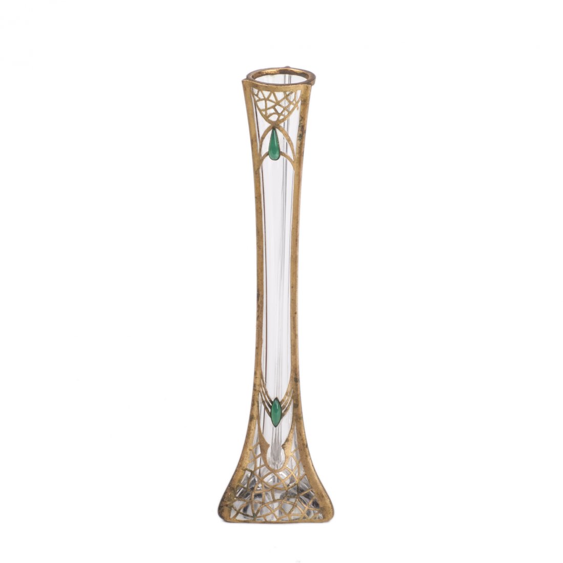 Art Nouveau glass vase with brass and green stones — image 1