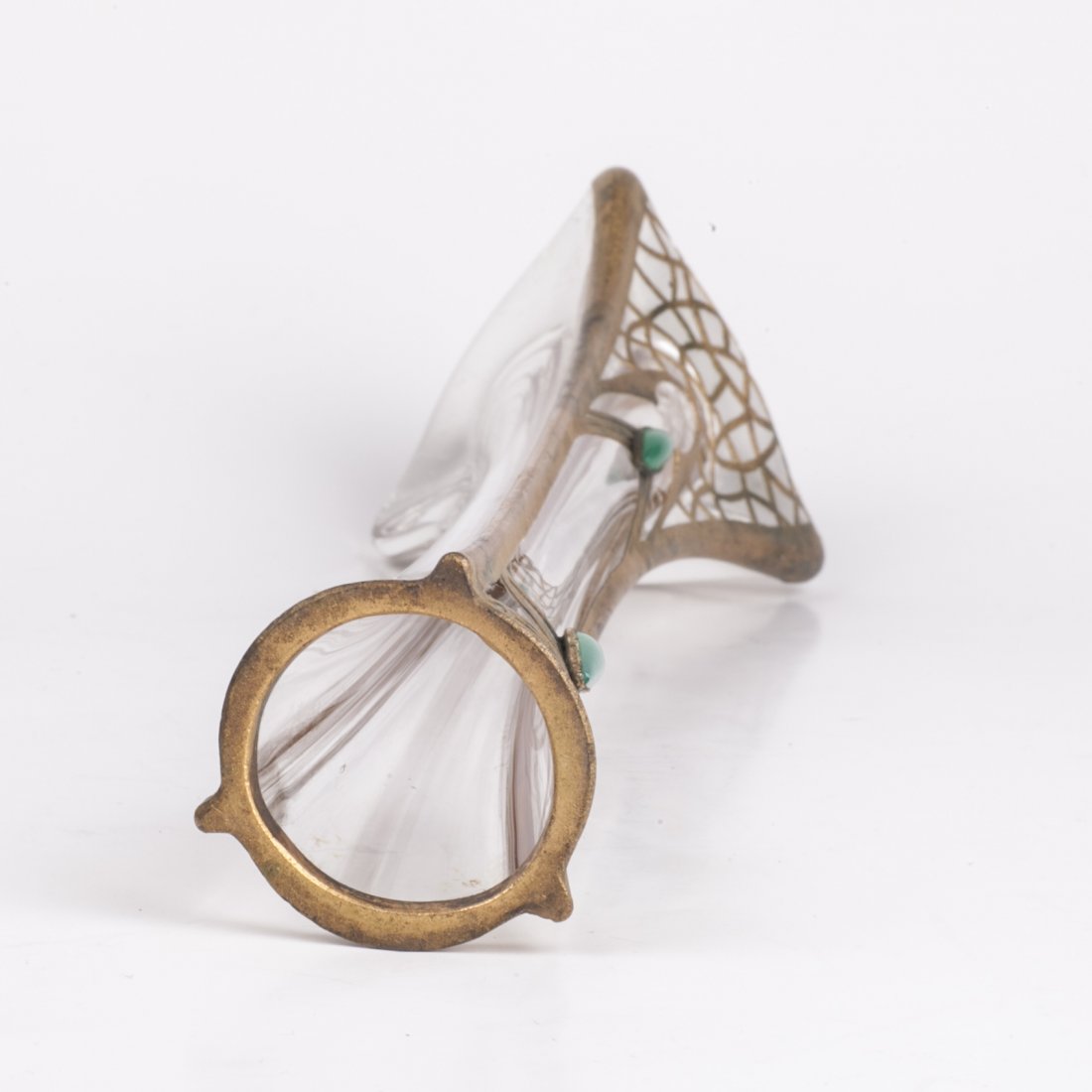 Art Nouveau glass vase with brass and green stones — image 3