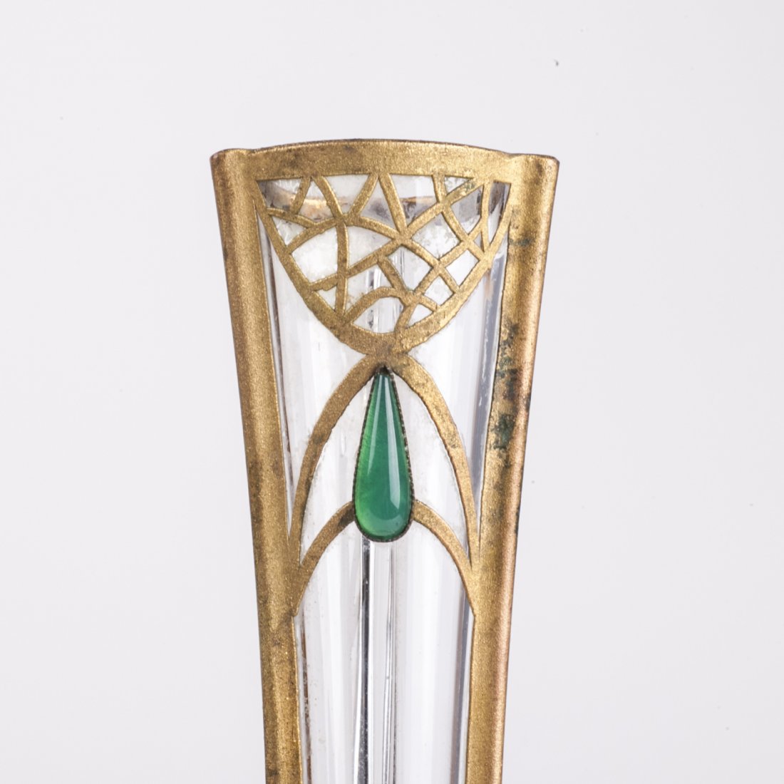 Art Nouveau glass vase with brass and green stones — image 6
