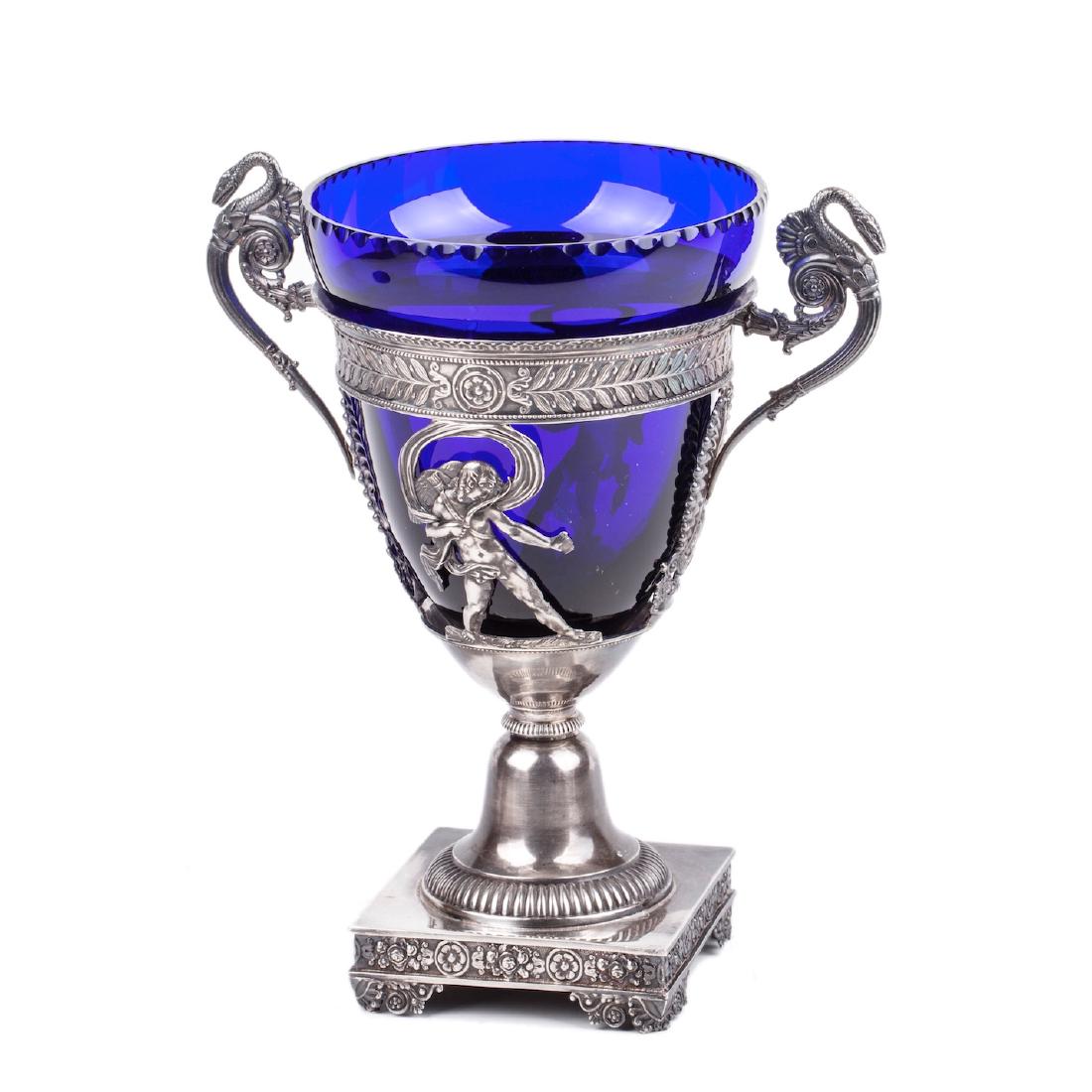 Antique silver mounted blue glass candy dish — image 1