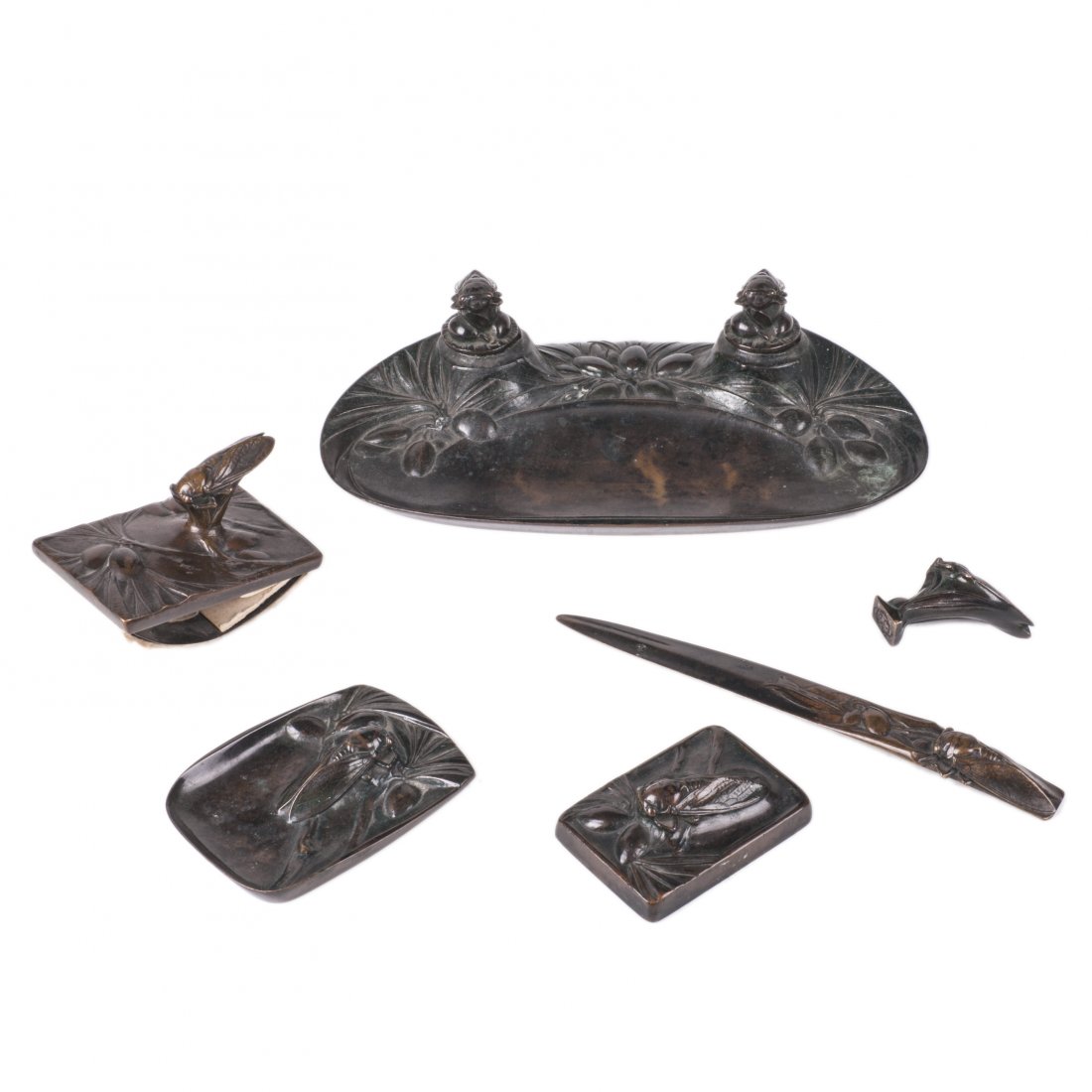 Art Nouveau bronze inkwell set of 6 pieces — image 1