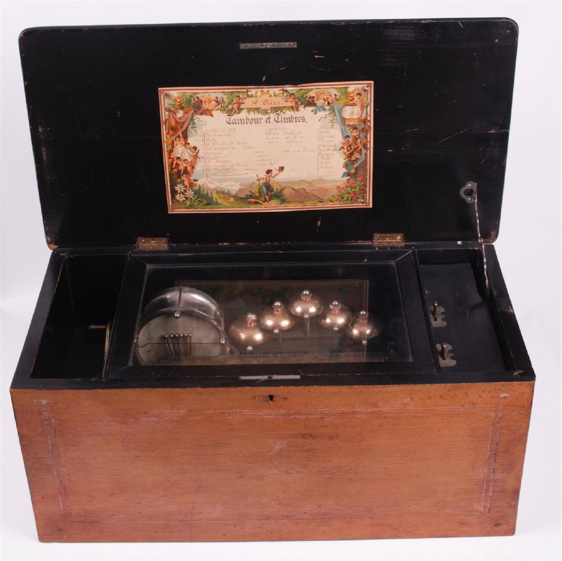 Antique Swiss music box with drum and 5 bells — image 1