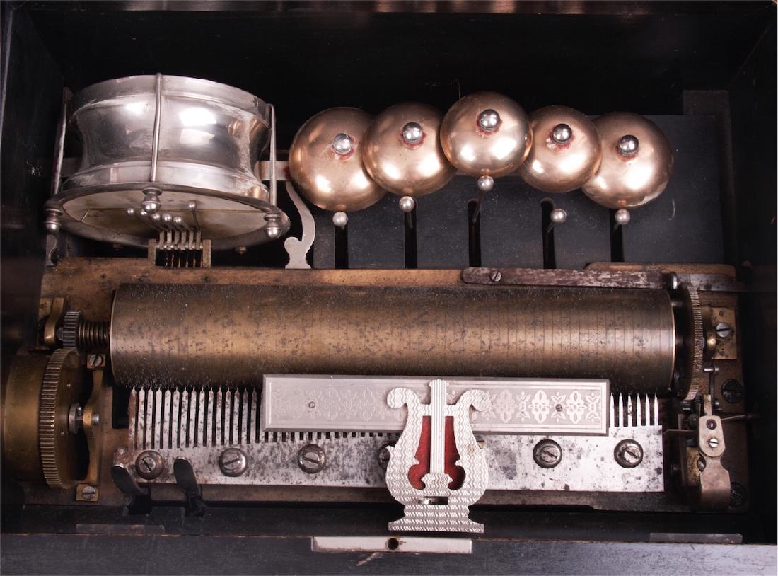 Antique Swiss music box with drum and 5 bells — image 2