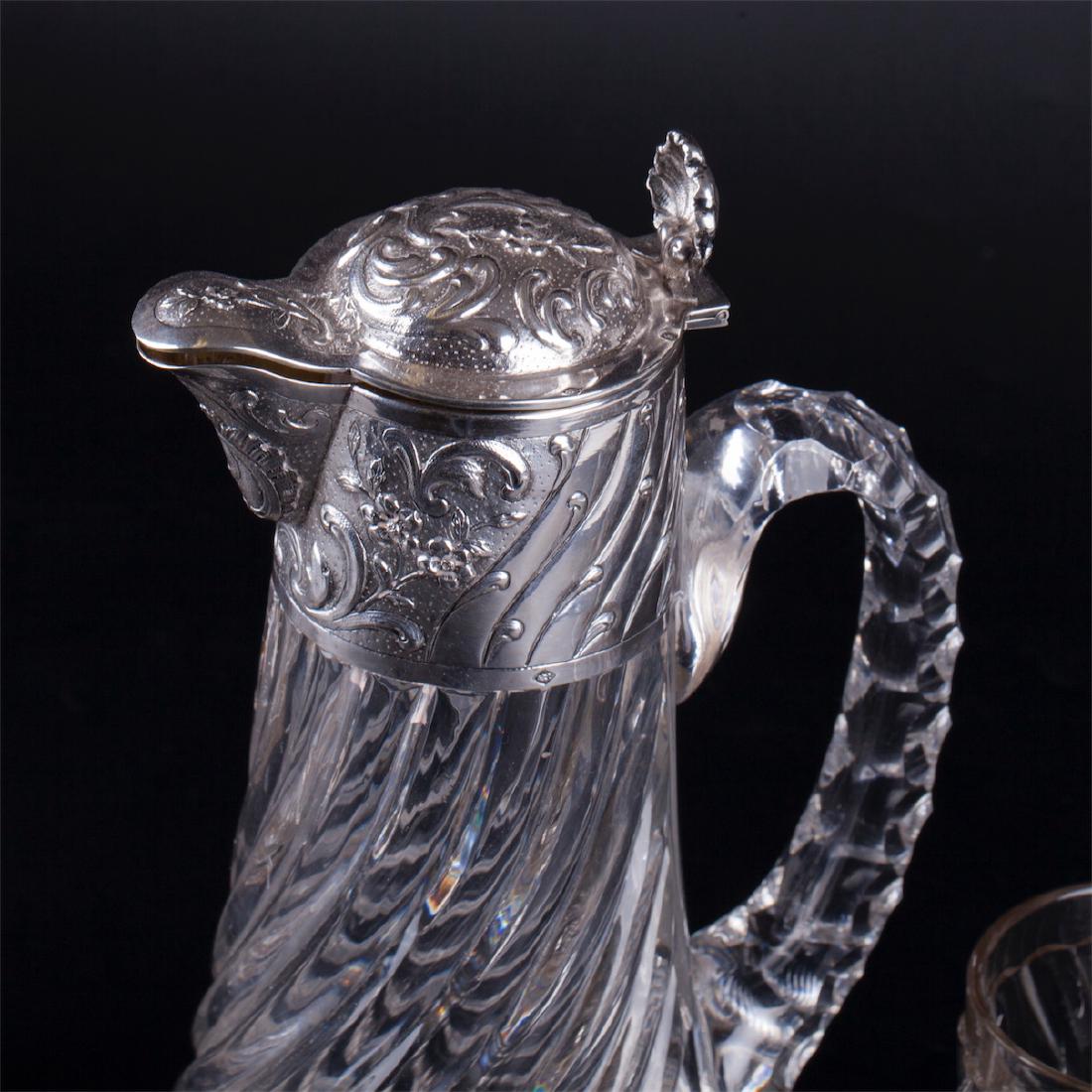 Antique French silver mounted pitcher with 6 silver — image 2