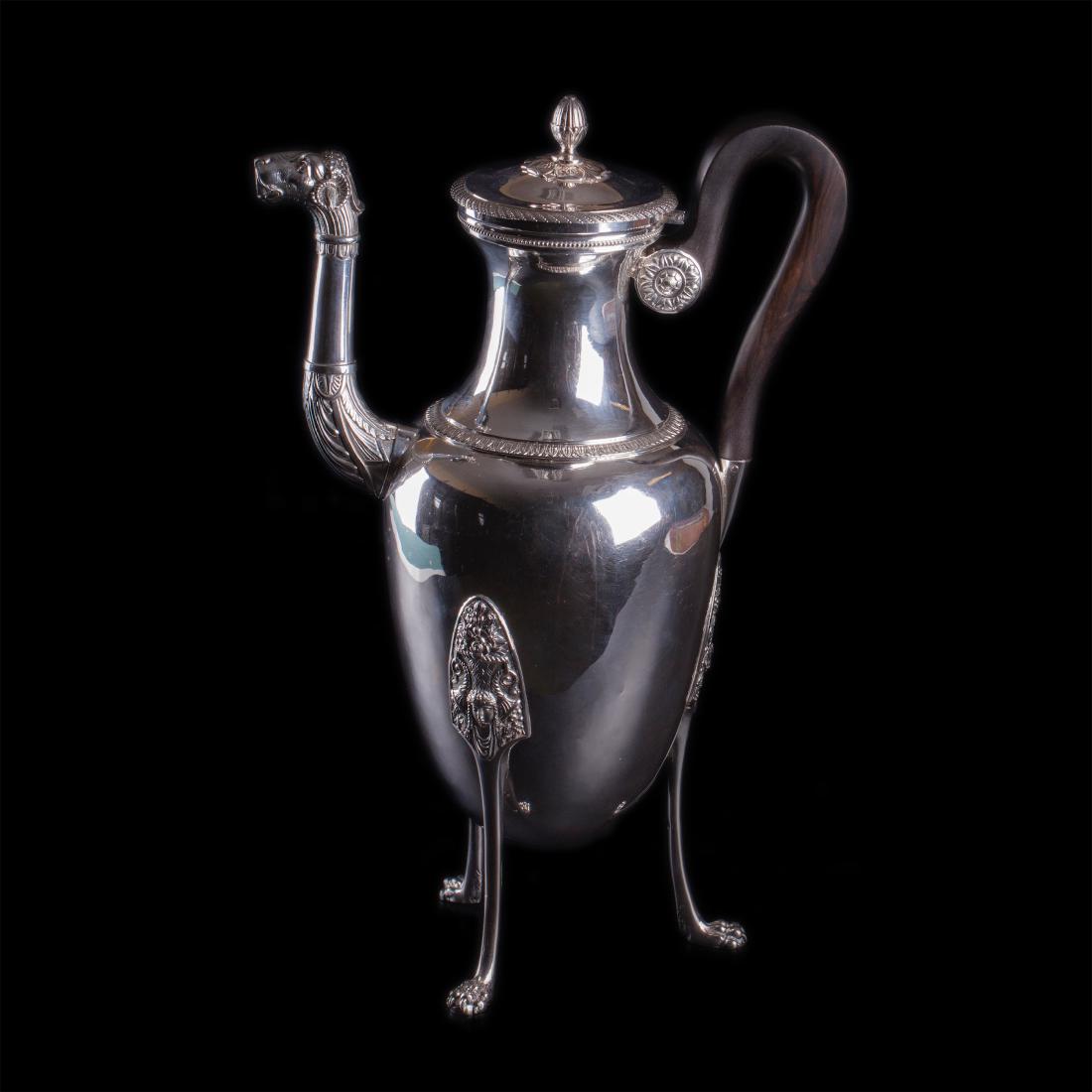 Antique French silver coffee kettle with a wooden — image 1