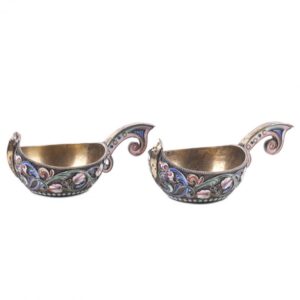 Russian silver enamel pair of kovshs — image 1