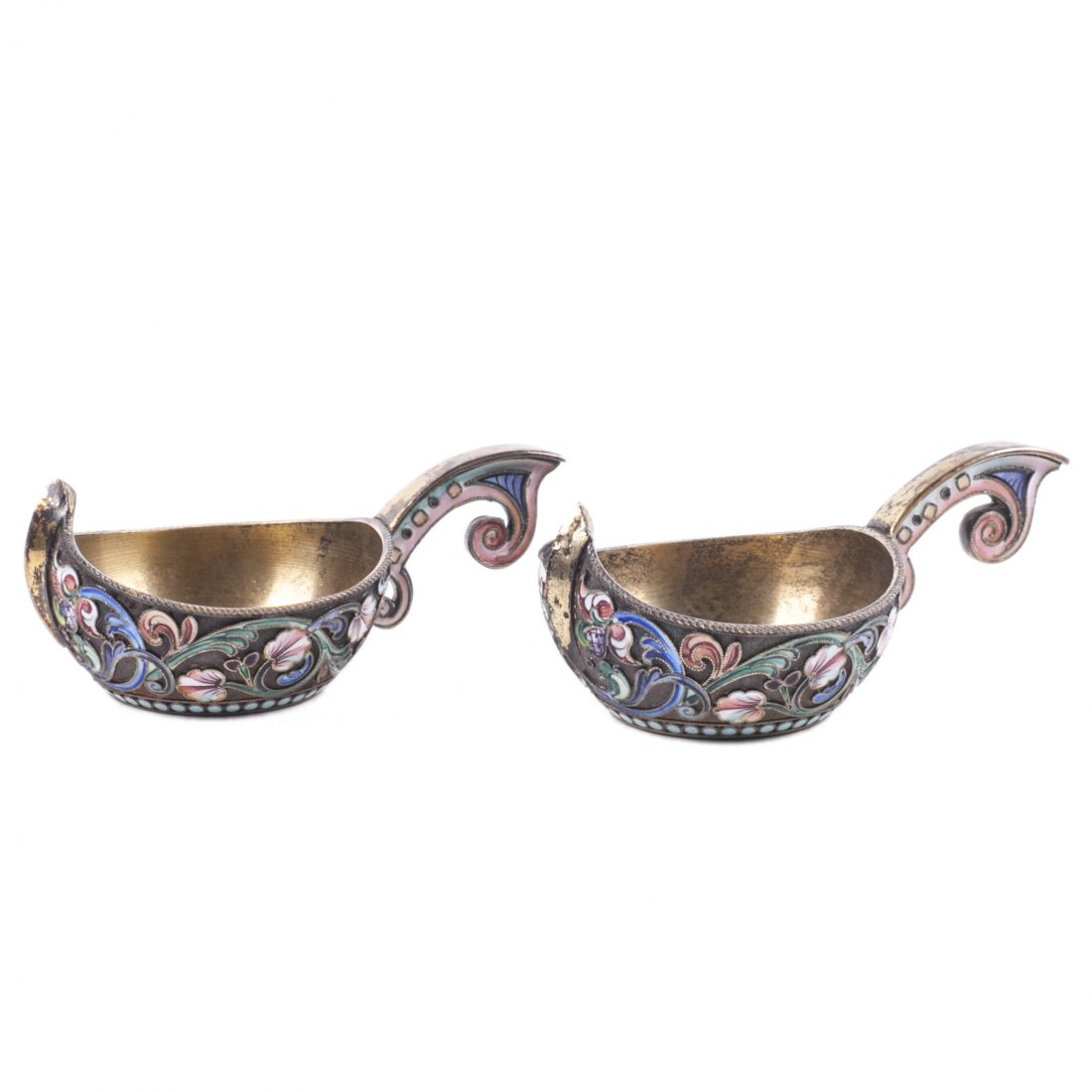Russian silver enamel pair of kovshs — image 1