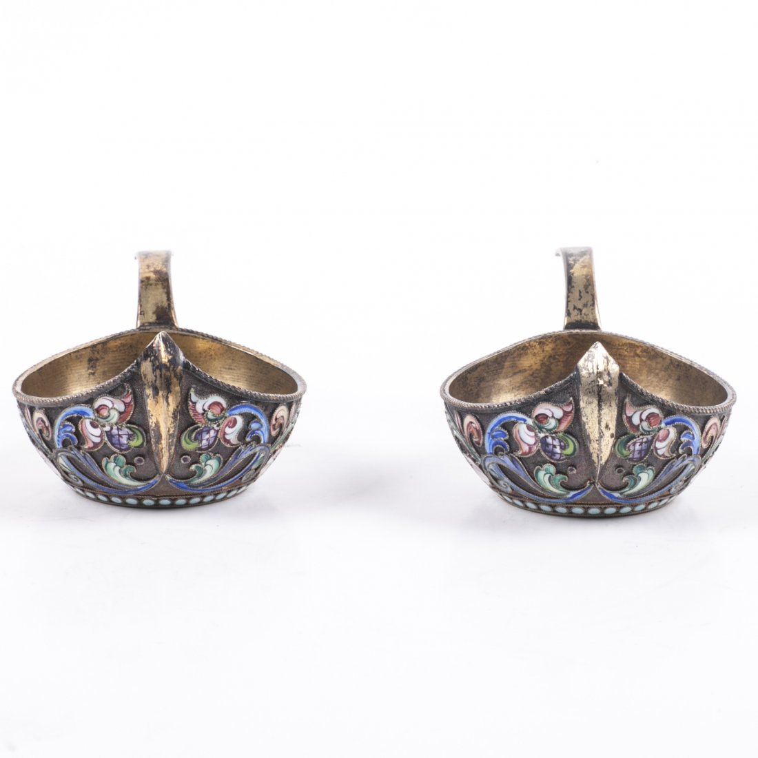 Russian silver enamel pair of kovshs — image 2