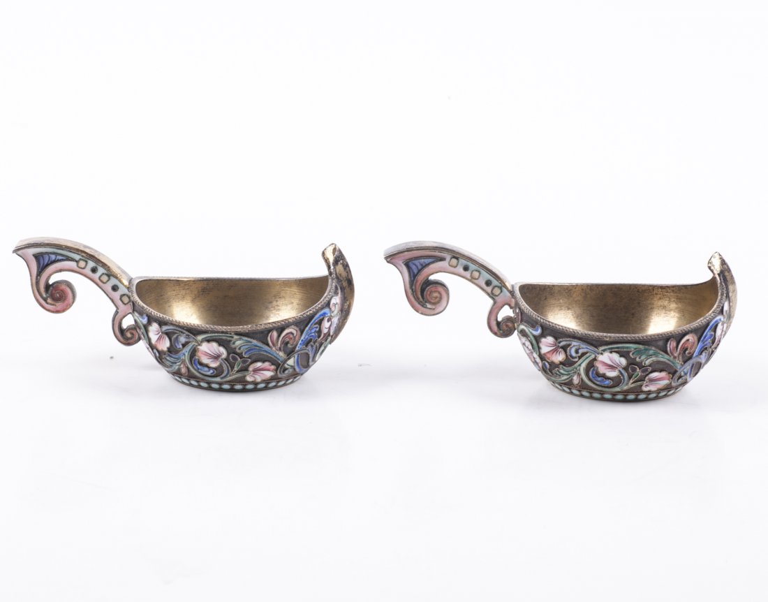 Russian silver enamel pair of kovshs — image 3