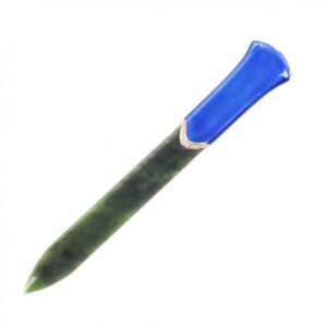 Russian gold paper knife with blue enamel and nephrite — image 1