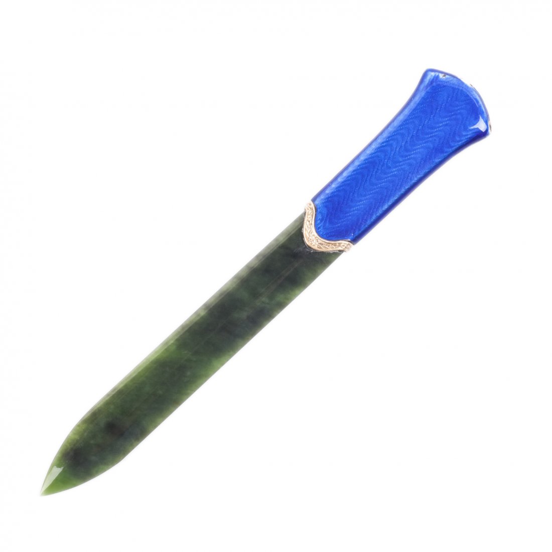 Russian gold paper knife with blue enamel and nephrite — image 1