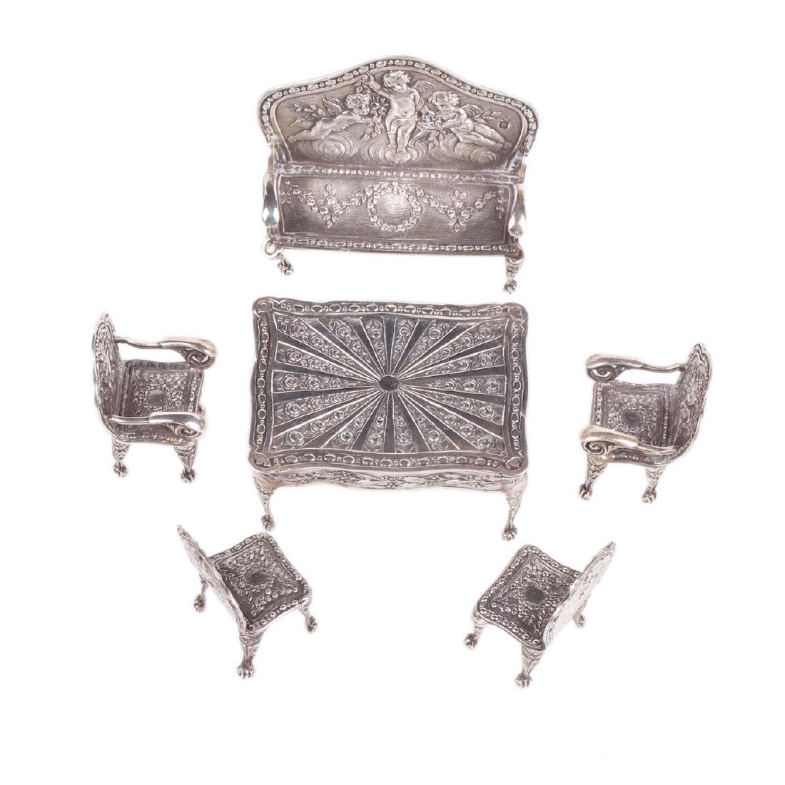 Antique silver French miniature dollhouse furniture set — image 1