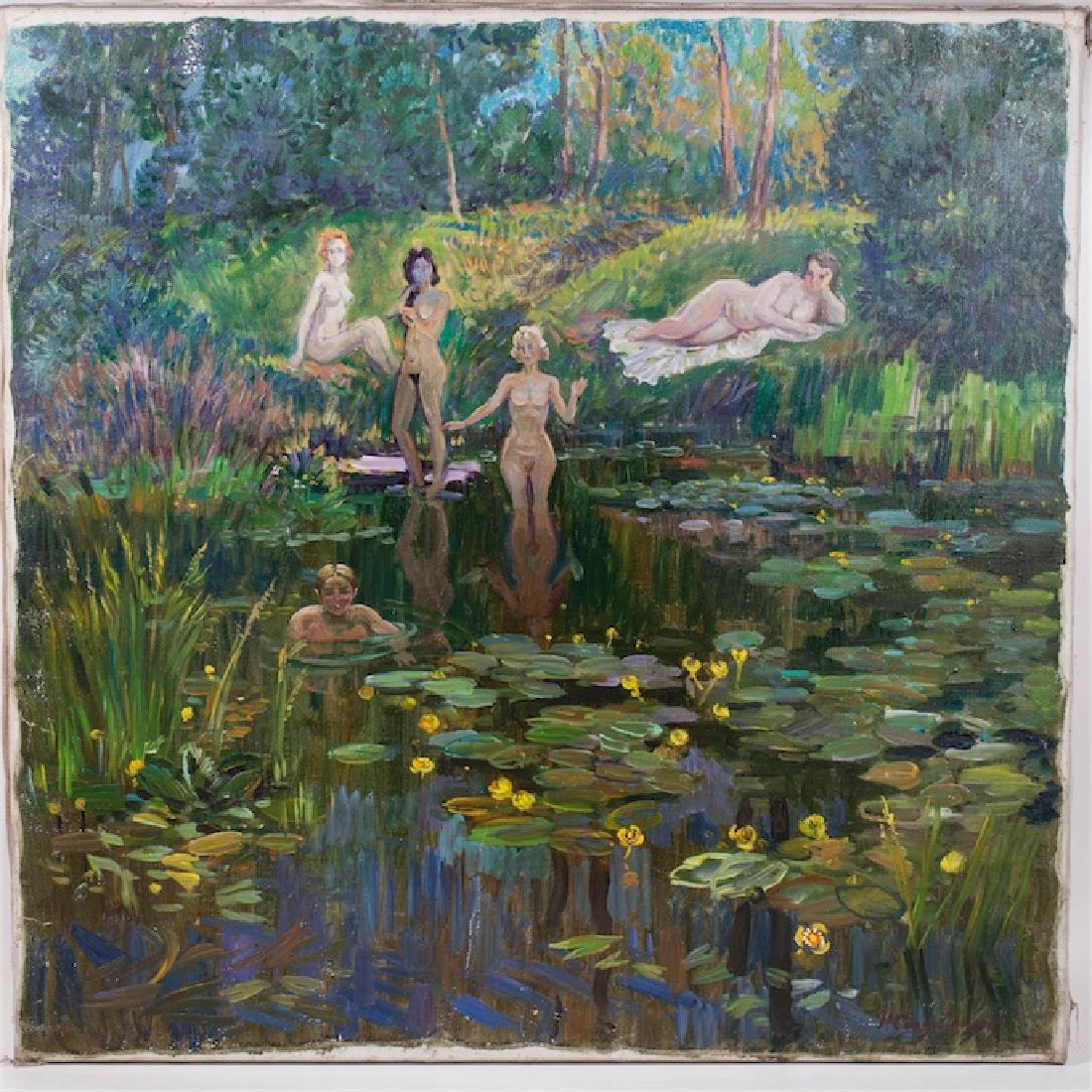 Painting with a scene of swimming in the pond — image 1