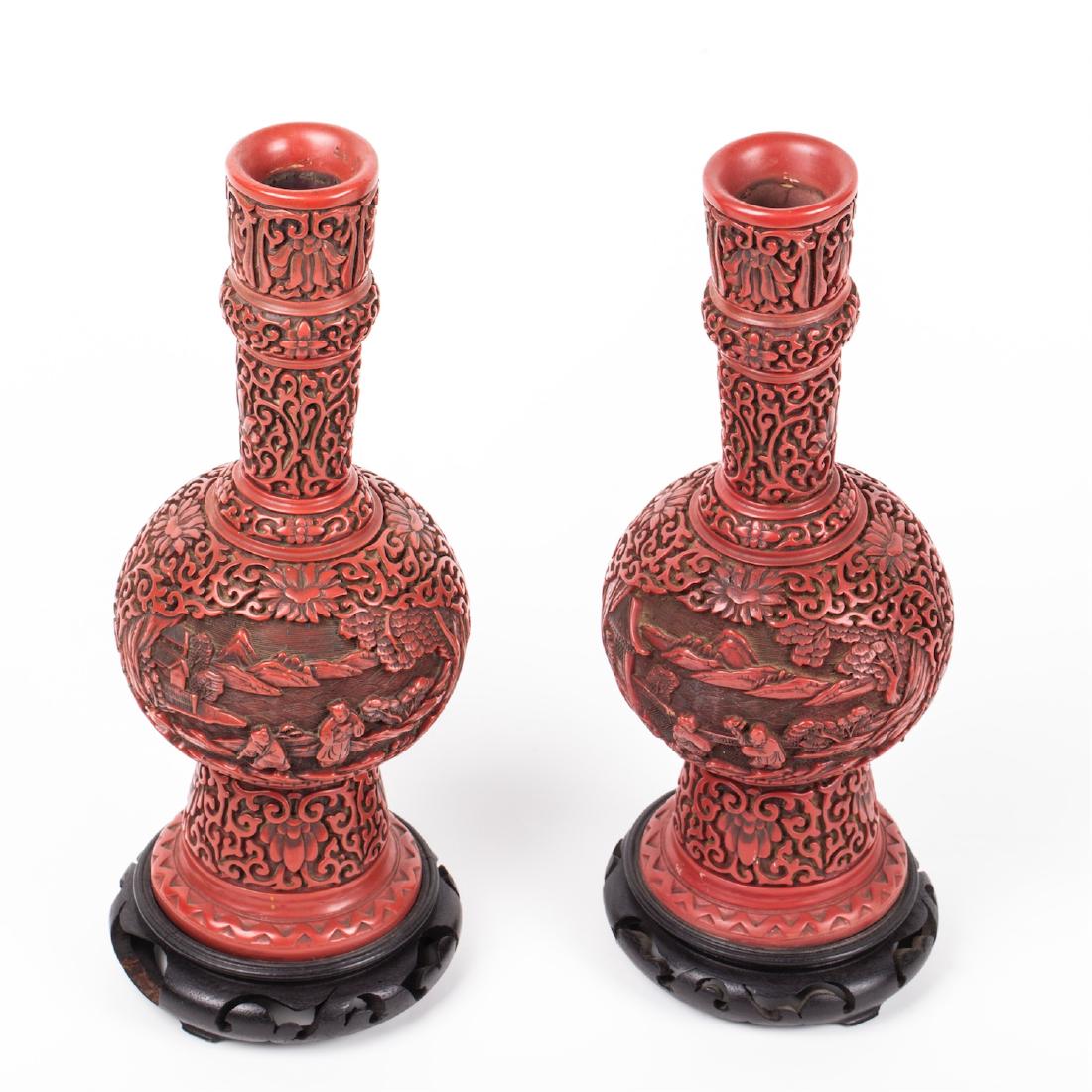 A pair of antique Chinese carved cinnabar lacquer vases — image 2