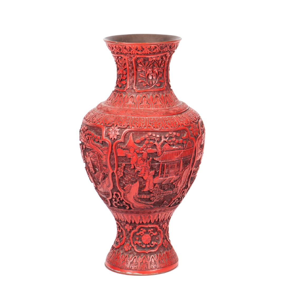 Chinese red lacquer vase with figures and landscape — image 1